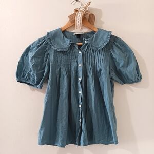 Universal Thread Blue Cotton Peter Pan Collared Button Down Puff Sleeve Blouse